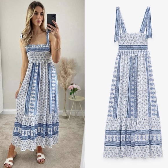 Zara blue and white printed midi dress size XS - Picture 1 of 9